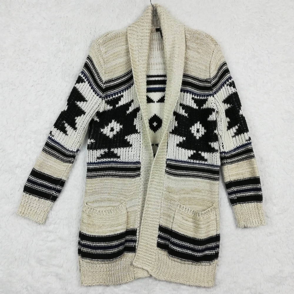 Forever 21 Womens Cardigan Sweater Tunic Aztec Print Open Front Beige Black M‎
